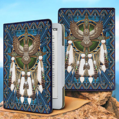 Barred Owl Mandala Blue Native American Kindle PU Leather Case