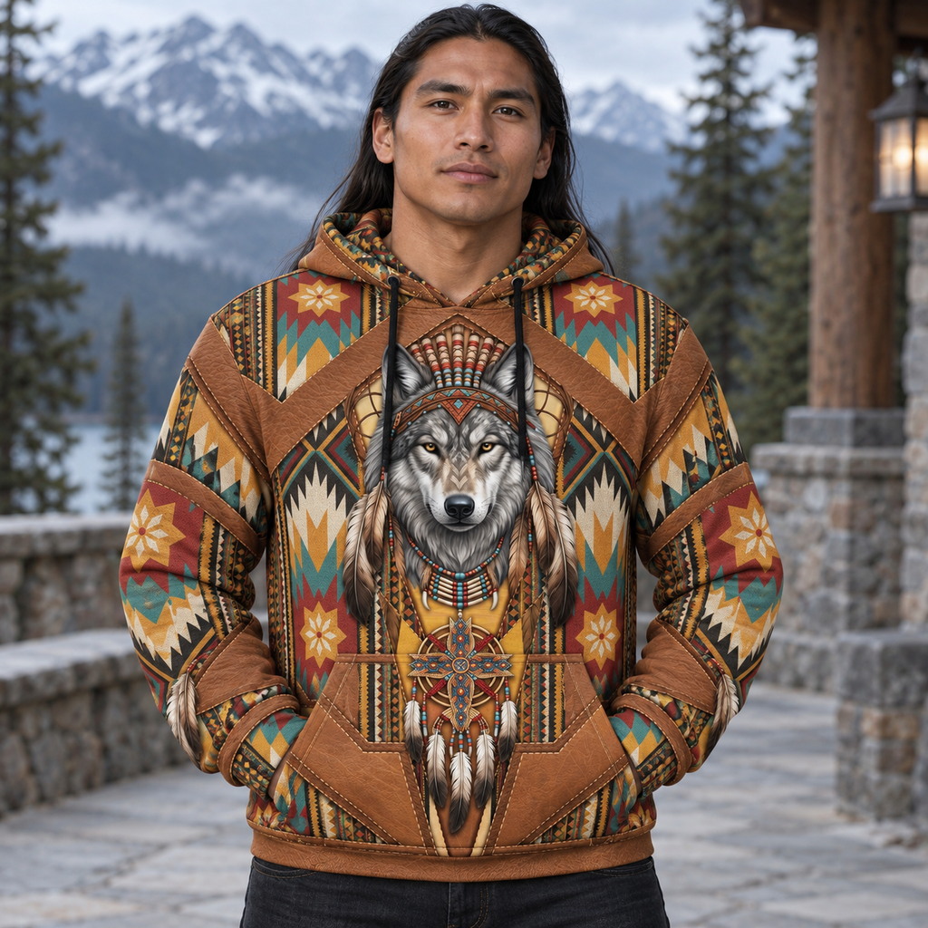 Beaded Wolf Geometric Native American-Inspired 3D Hoodie DS260710M12