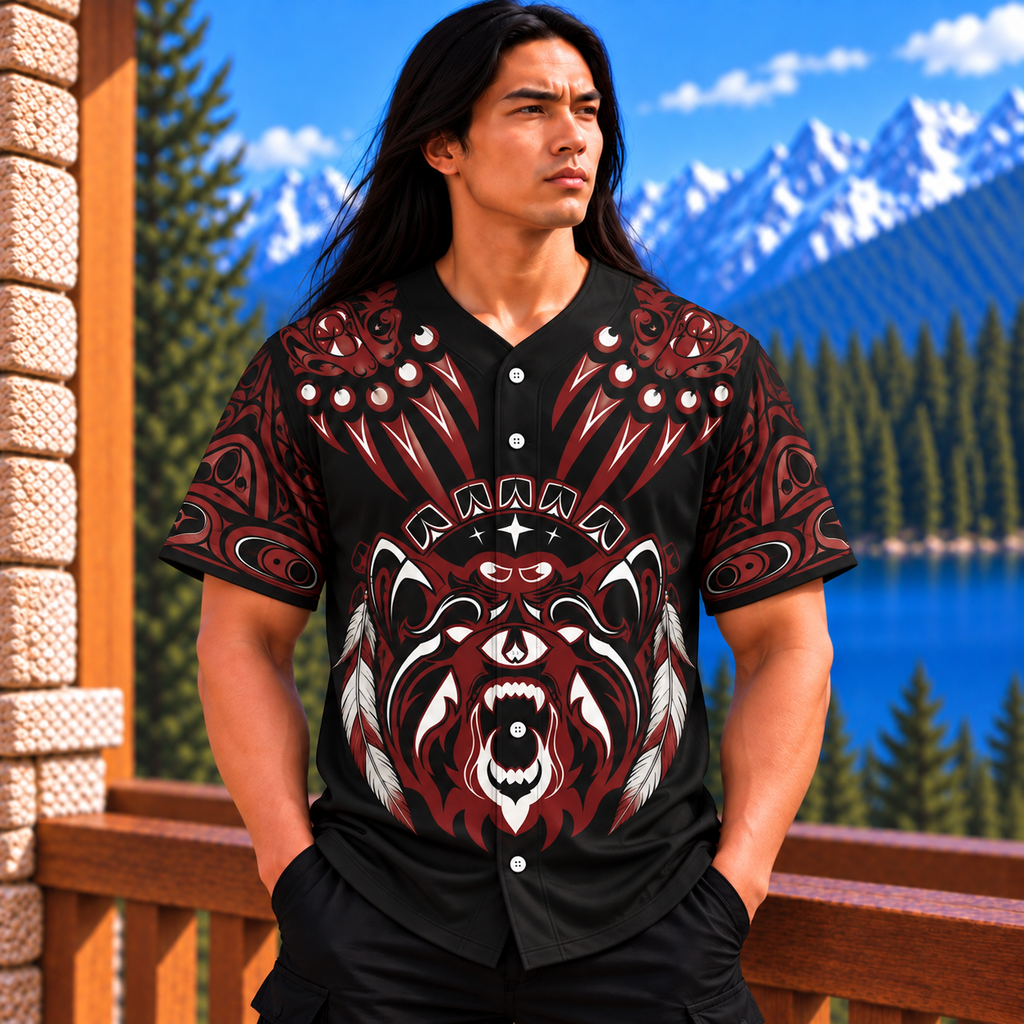Bear Feather Tribal Native American-Inspired Baseball Jersey BSm027