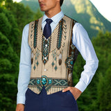 Beige Pattern Native American Suit Vest Jacket Print One Side Front DS260724M15