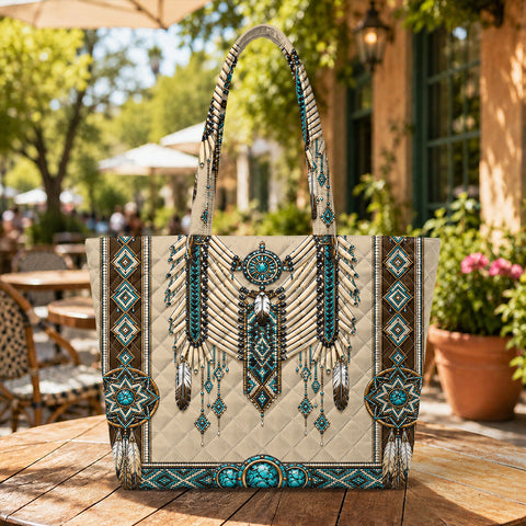 Beige Symbol Quilted Shoulder Tote Bag Native American-Inspired Home Decor – DS260724M15