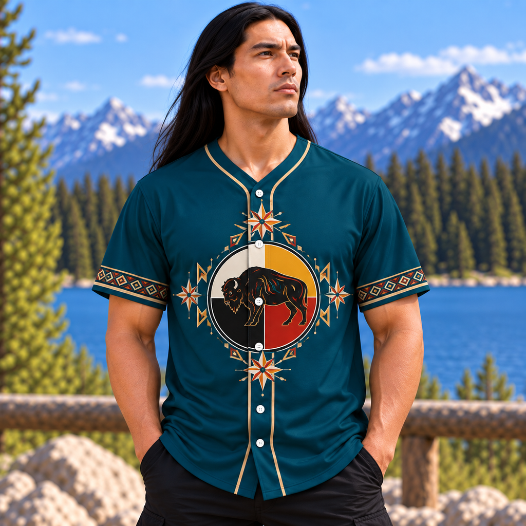 Bison Medicine Wheel Native American-Inspired Baseball Jersey BSm011