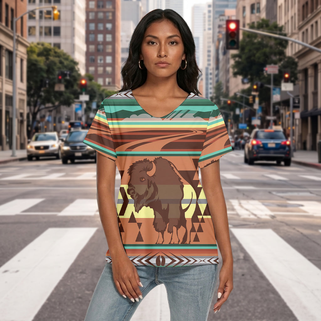 Bison Native American Women's Loose V-neck Short Sleeve T-shirt BS-00031