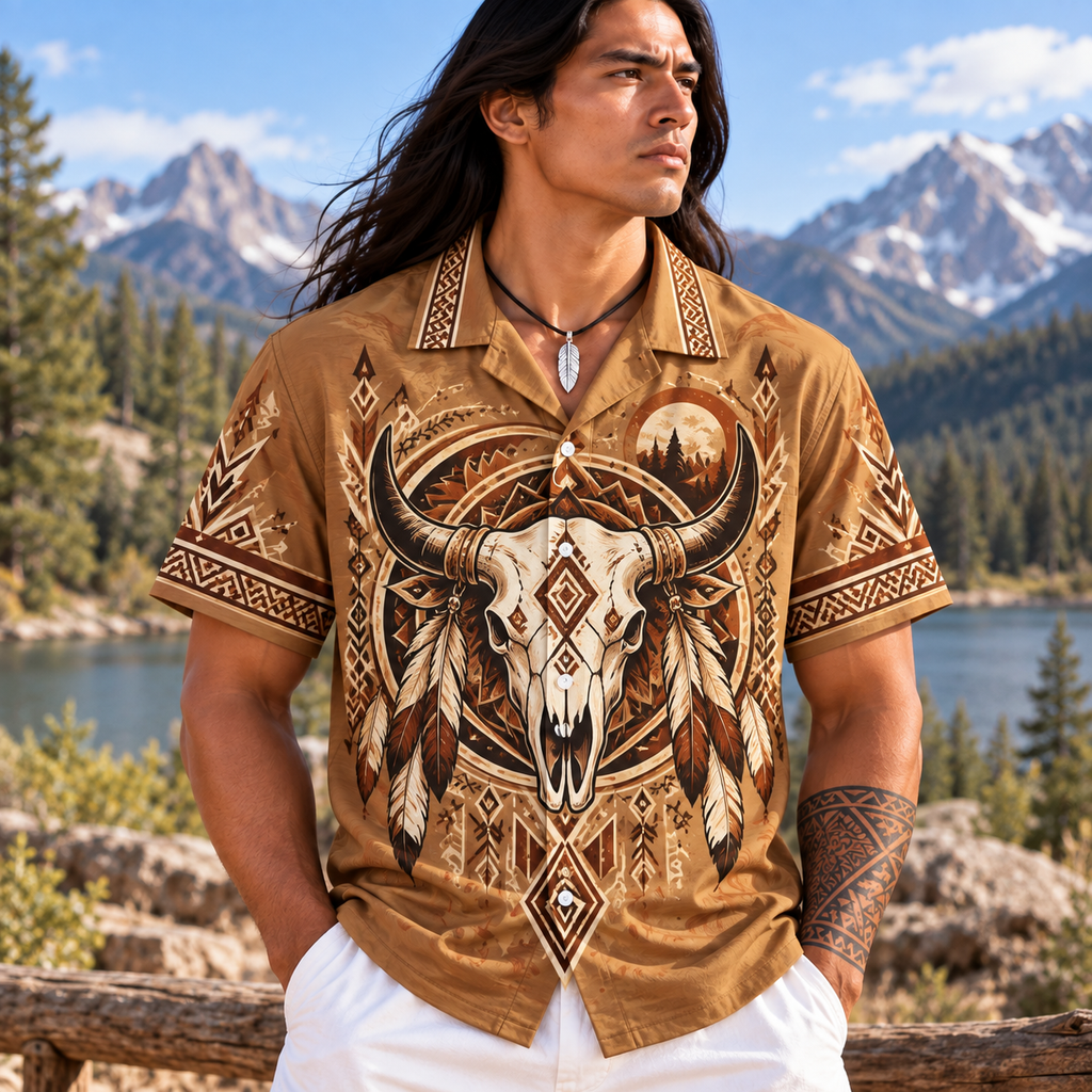 Bison Skull Feather Native American-Inspired 3D Hawaiian Shirt HWm039