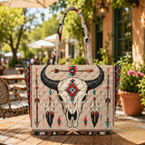 Bison Skull Feather Native American Quilted Shoulder Tote Bag DS260730M10