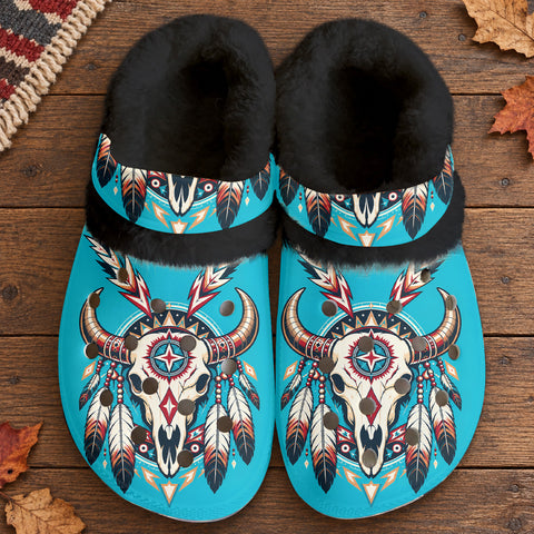 Bison Skull Native American-Inspired Classic Clogs with Fleece Shoes BSm028
