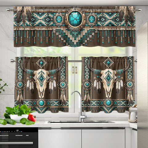 Bison Skull Native American Curtain Valance and Kitchen Tiers Set DS260724M12