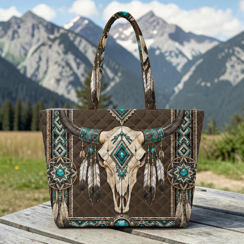 Bison Skull Quilted Shoulder Tote Bag Native American-Inspired Home Decor – DS260724M12