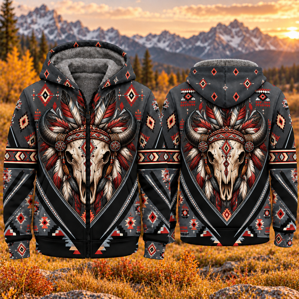 Bison Skull Spirit Chief Native American-Inspired 3D Fleece Hoodie HWm042v3