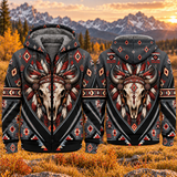 Bison Skull Spirit Chief Native American-Inspired 3D Fleece Hoodie HWm042v3