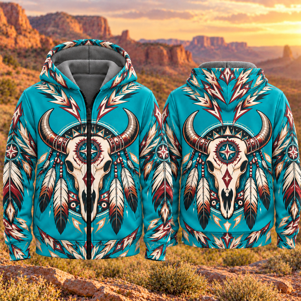 Bison Skull Tribal Native American-Inspired 3D Fleece Hoodie BSm028