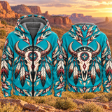 Bison Skull Tribal Native American-Inspired 3D Fleece Hoodie BSm028