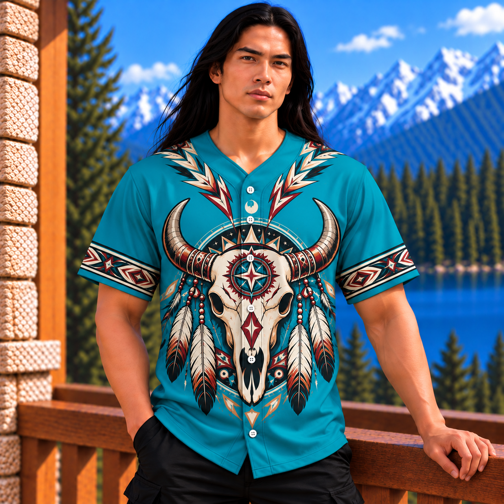 Bison Skull Tribal Native American-Inspired Baseball Jersey BSm028