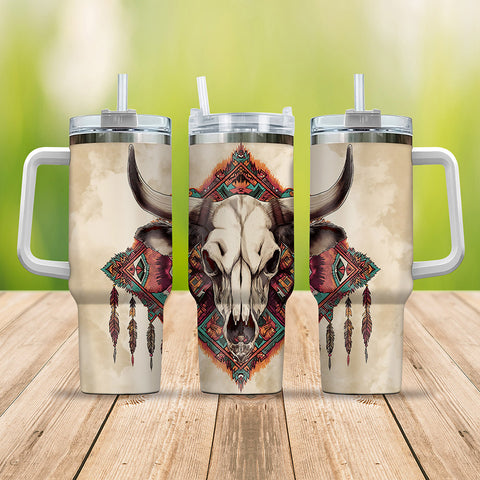 Bison Skull Boho Native American Vintage Feathers Hanlde Tumbler 40oz