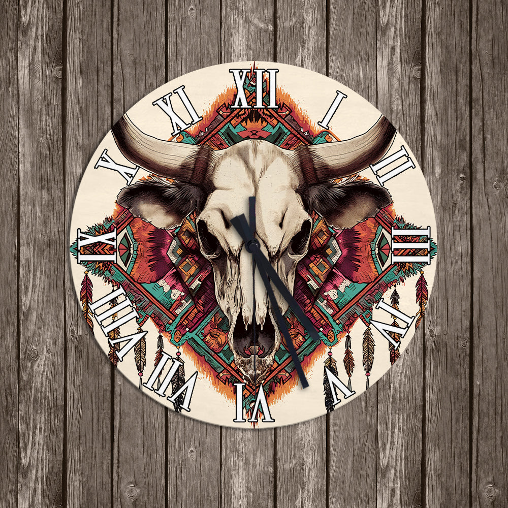 Bison Skull Boho Native American Vintage Feathers Wall Clock