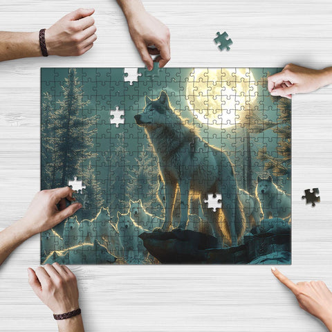 Black Alpha Leader Wolf Pack Of White Wolves Standing Rectangle Puzzle