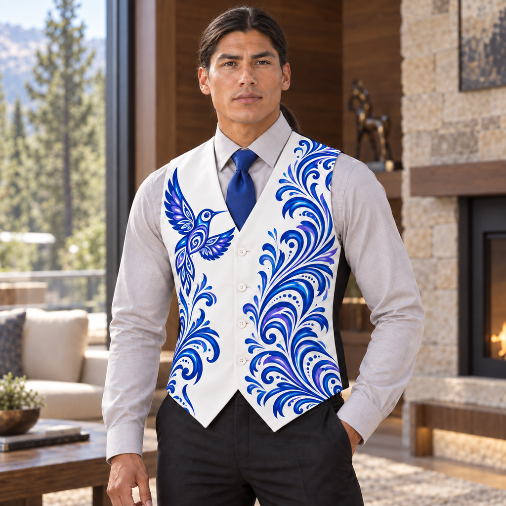 Blue Hummingbird Native American-Inspired Suit Vest Jacket Print One Side Front VJm008