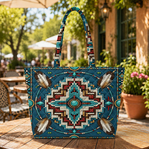 Blue Symbol Quilted Shoulder Tote Bag Native American-Inspired Home Decor – DS260730M07
