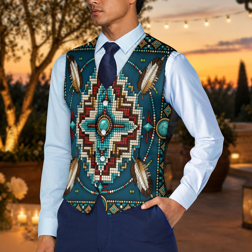 Blue Symbol Native American Suit Vest Jacket Print One Side Front DS260730M07