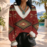 Brown-Ethnic Print Aztec Geometric Native American Faux Knit V-Neck Sweater Top with Fur Trim