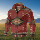 Brown-Ethnic Print Aztec Geometric Native American Thick Knit Fleece Jacket