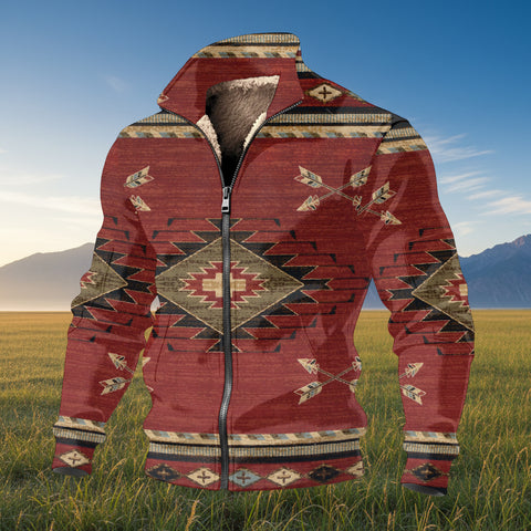 Brown-Ethnic Print Aztec Geometric Native American Thick Knit Fleece Jacket
