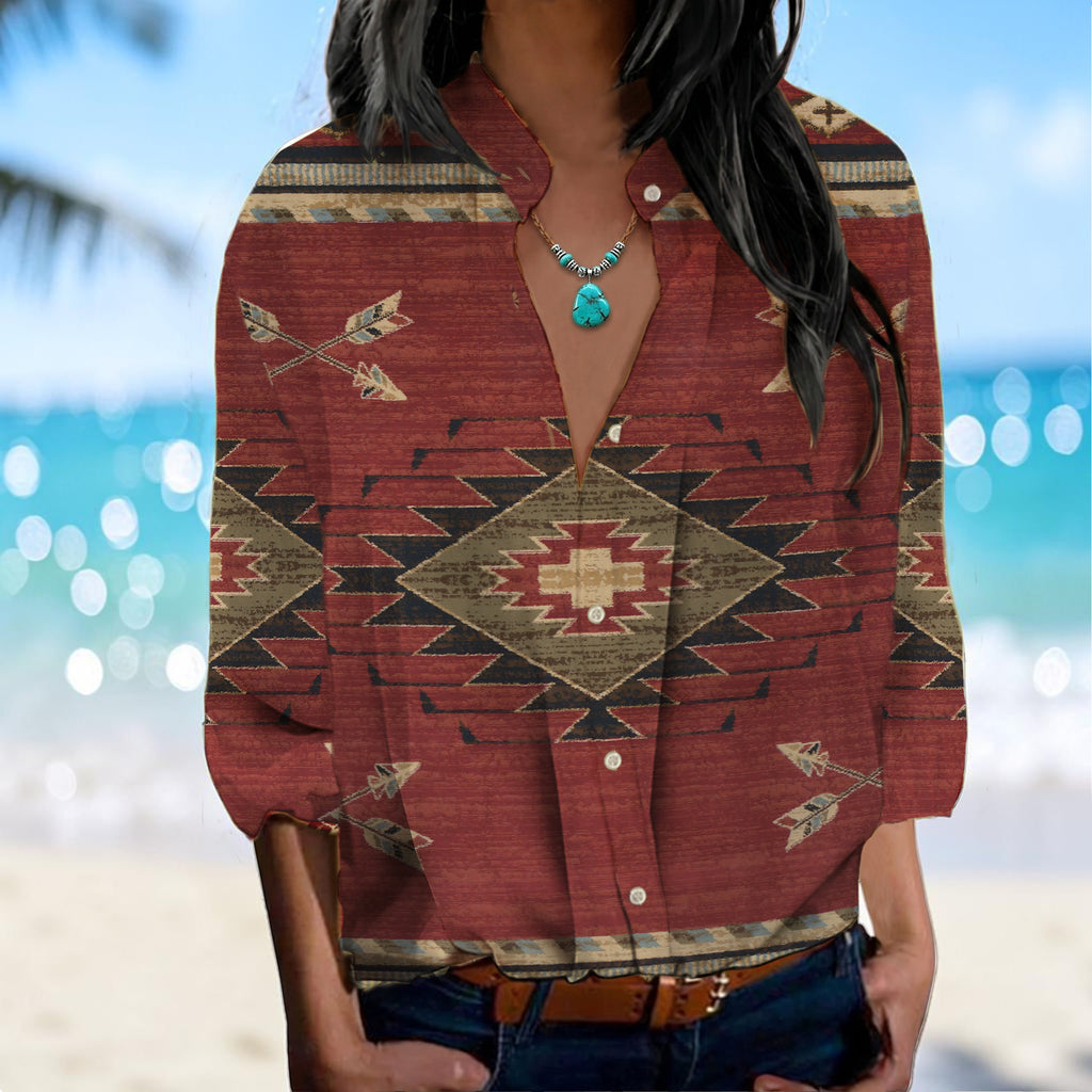 Brown-Ethnic Print Aztec Native American Women's Long-Sleeved Shirt