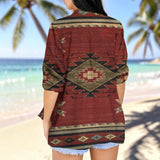 Brown-Ethnic Print Aztec Native American Women's Long-Sleeved Shirt