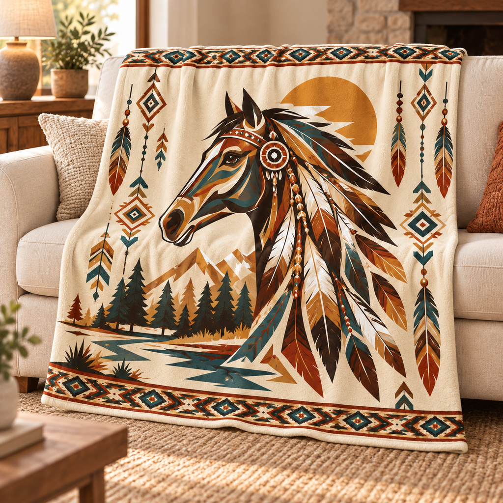 Brown Horse Feather Native American-Inspired Blanket BLm020