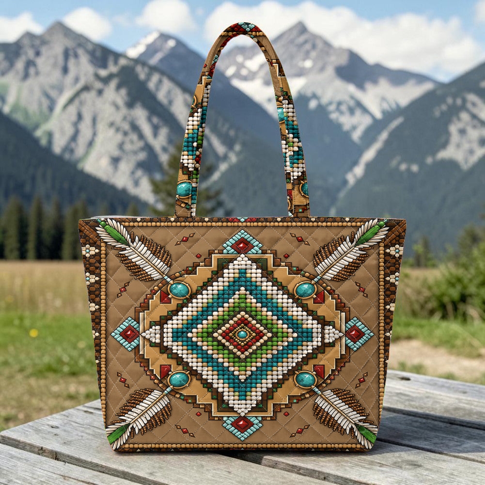 Brown Symbol Native American Quilted Shoulder Tote Bag DS260730M06