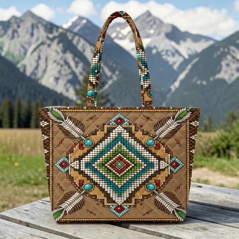 Brown Symbol Quilted Shoulder Tote Bag Native American-Inspired Home Decor – DS260730M06