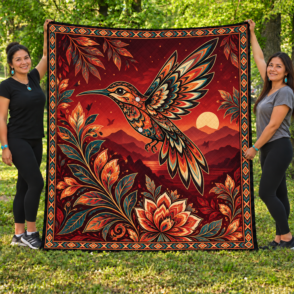 Burgundy Hummingbird Native American-Inspired Quilt Qm015