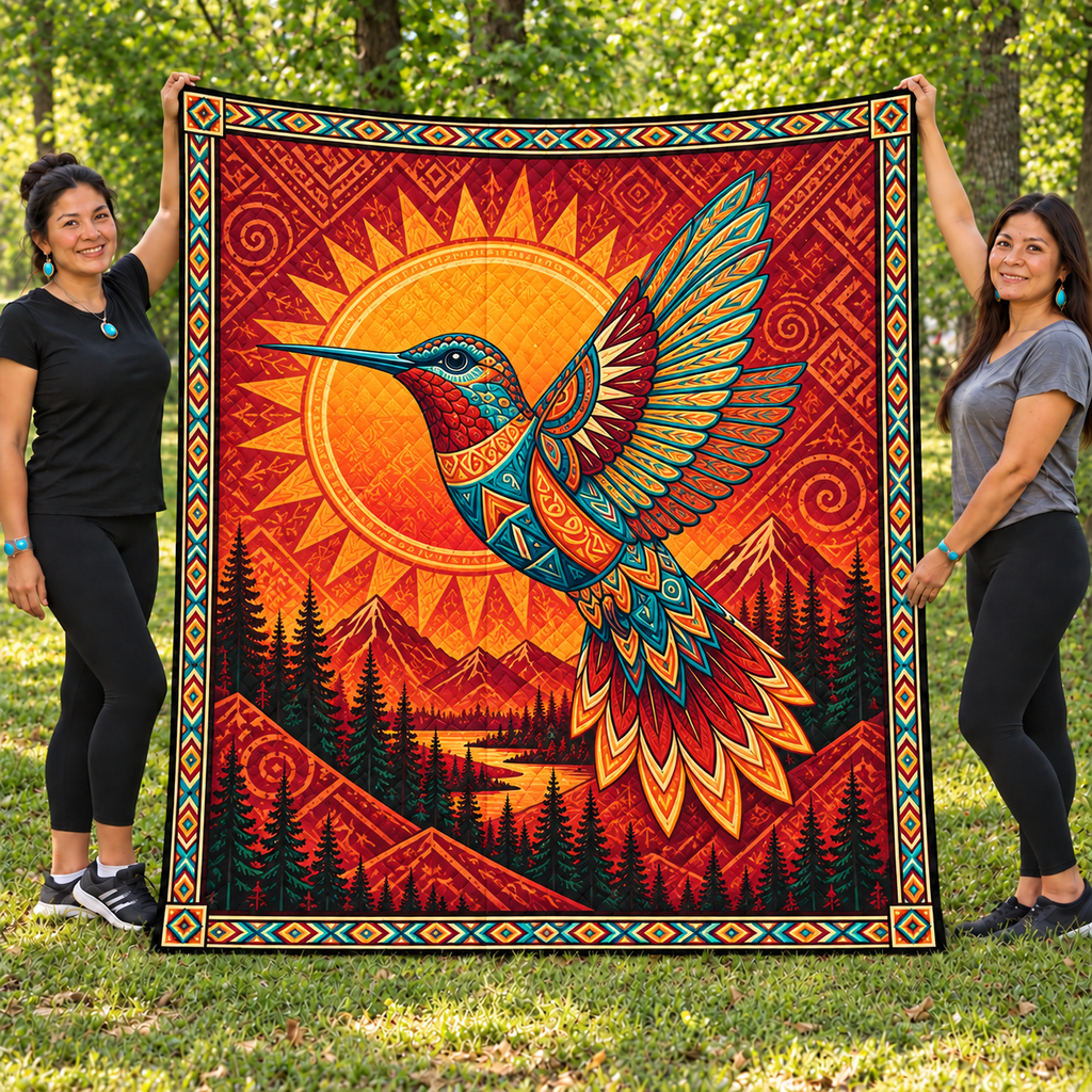 Burgundy Hummingbird Sunburst Native American-Inspired Quilt Qm009