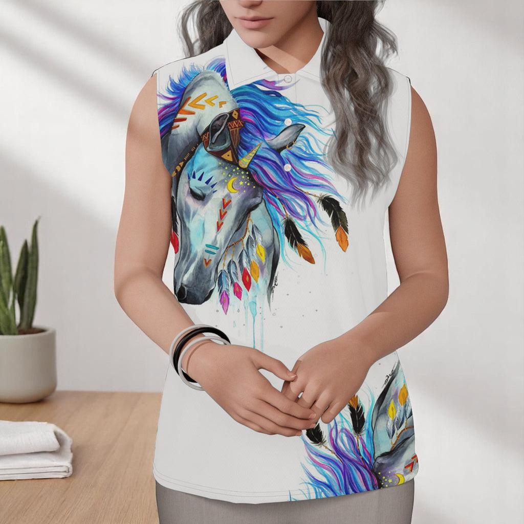 CBT0042 Horse Native American Women Sleeveless Polo Shirt