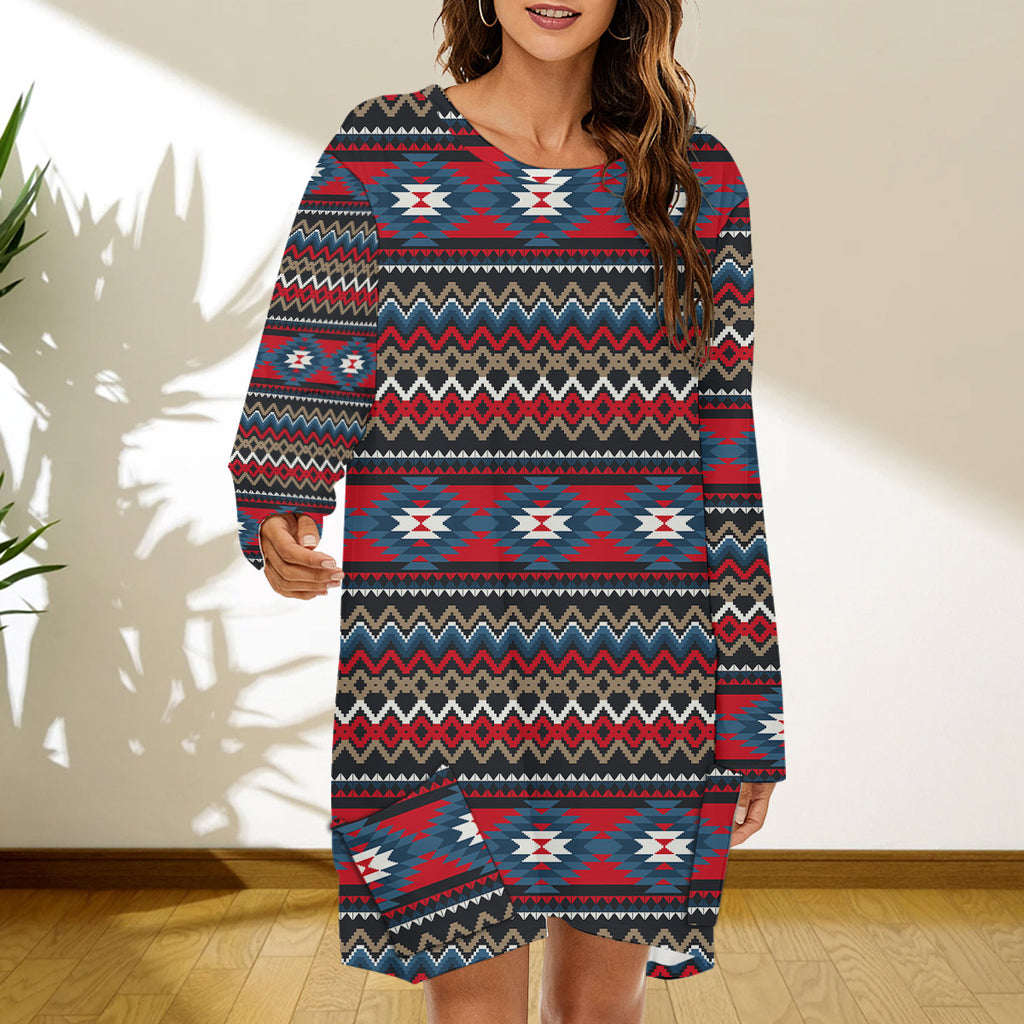 CD250303M01 Pattern Native American Women Loose Crew Neck Dress