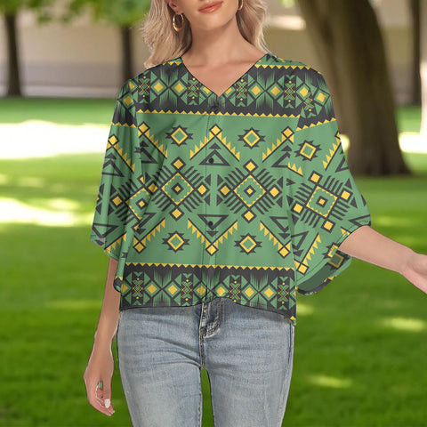 CLP00029 Native American Women V-Neck Batwing Sleeve Button Top