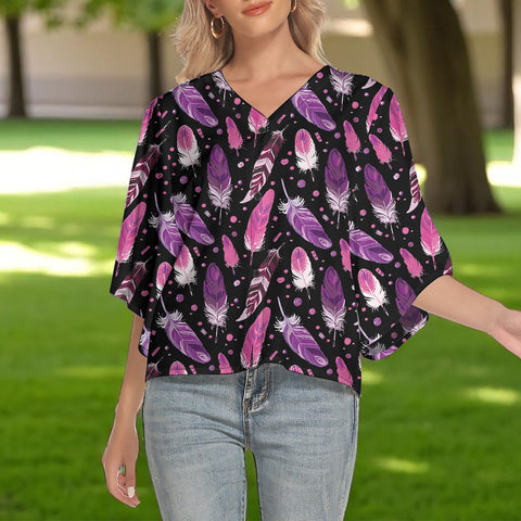 CLP00034 Native American Women V-Neck Batwing Sleeve Button Top