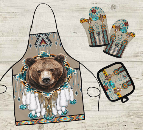 COMB001 Wolf Native American Apron & Oven Mitts And Potholder Set