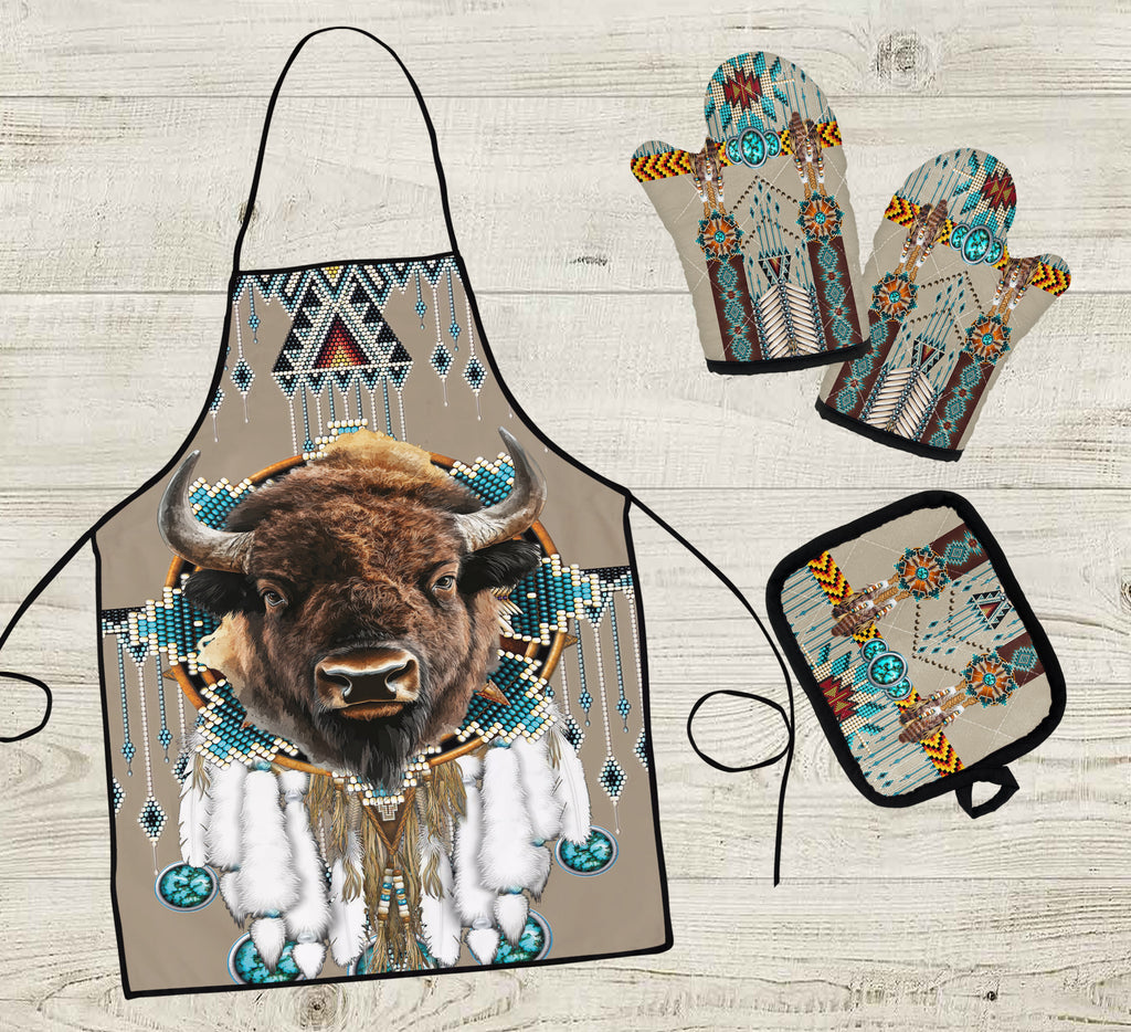 COMB002 Bison Native American Apron & Oven Mitts And Potholder Set