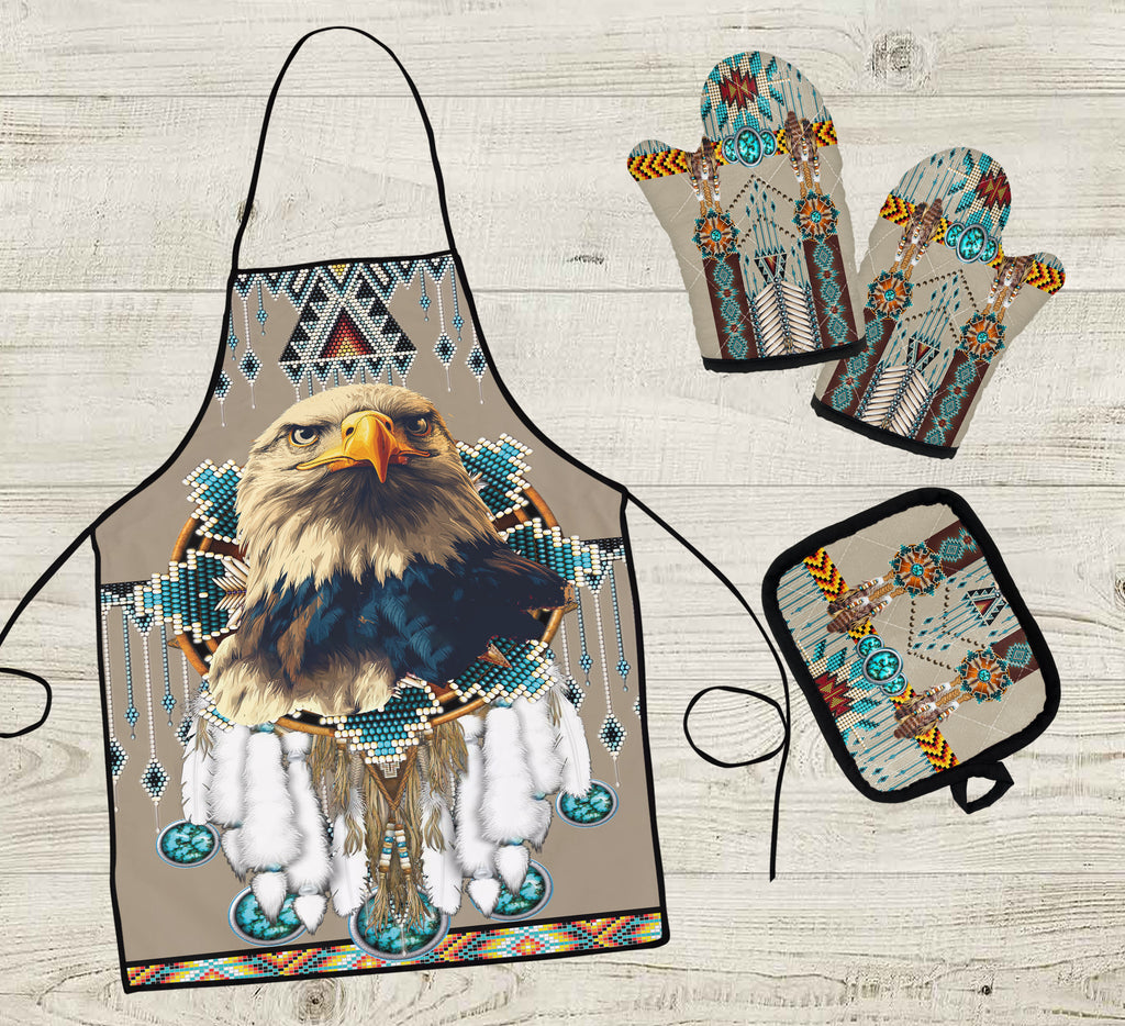 COMB003 Eagle Native American Apron & Oven Mitts And Potholder Set