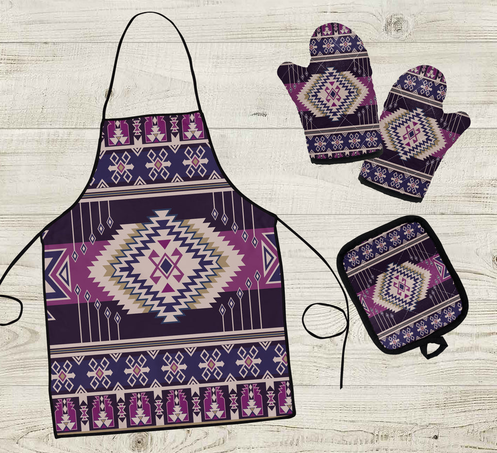 COMB004 Pattern Native American Apron & Oven Mitts And Potholder Set