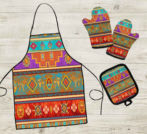 COMB005 Pattern Native American Apron & Oven Mitts And Potholder Set