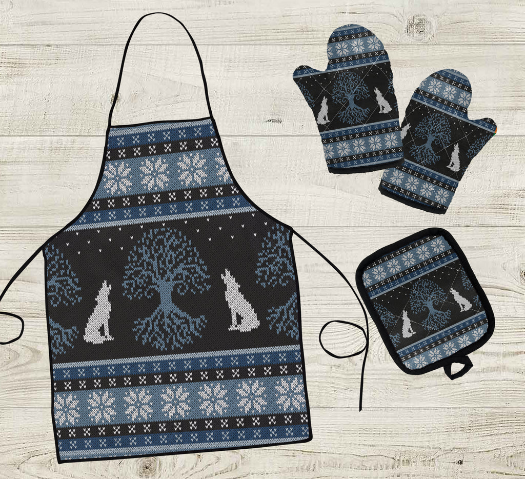 COMB007 Pattern Native American Apron & Oven Mitts And Potholder Set