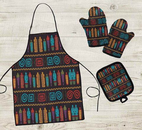 COMB008 Pattern Native American Apron & Oven Mitts And Potholder Set