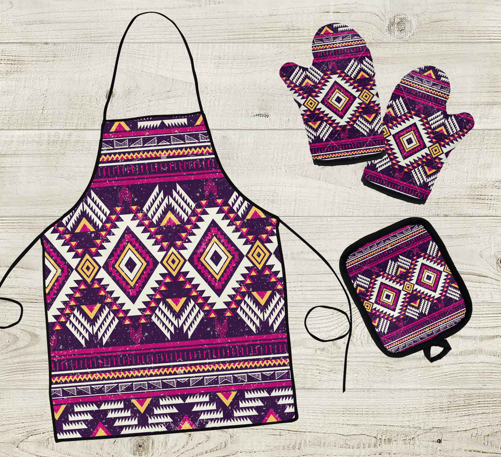 COMB011 Pattern Native American Apron & Oven Mitts And Potholder Set