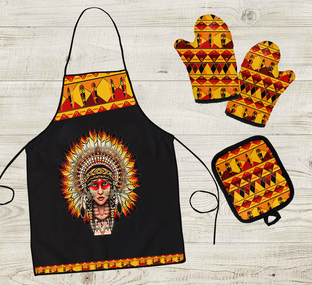 COMB014 Girl Pattern Native American Apron & Oven Mitts And Potholder Set