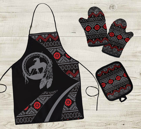 COMB015 Trail Of Tears  Pattern Native American Apron & Oven Mitts And Potholder Set