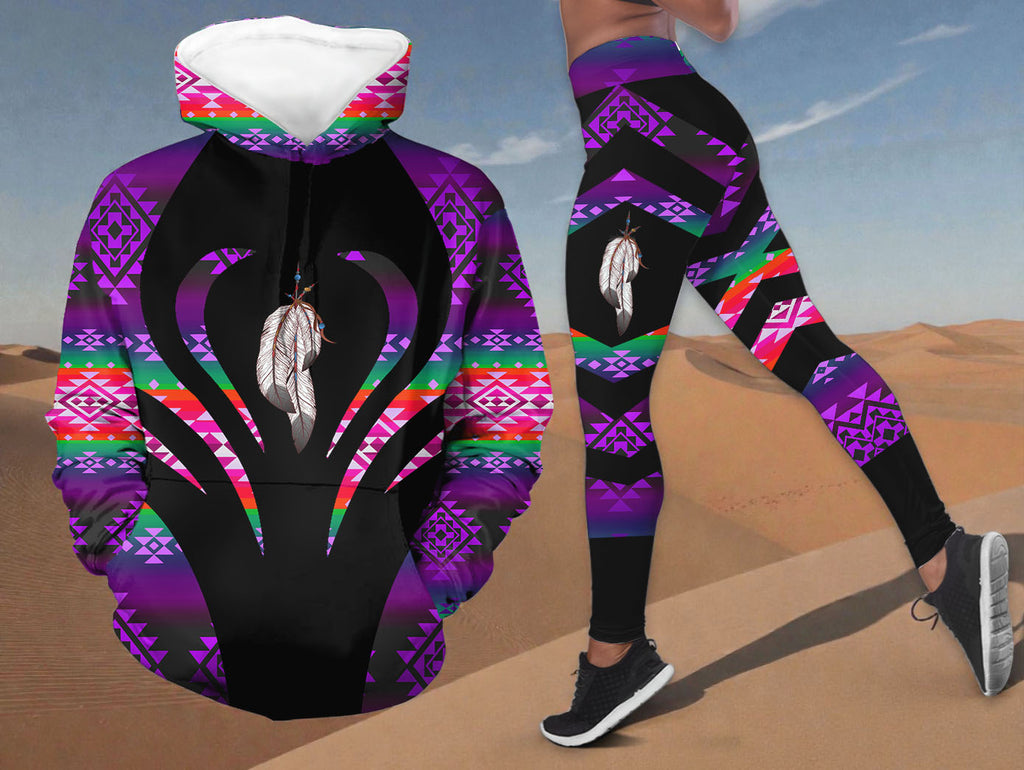 COMB016 Feather Native American Hoodie Leggings Set