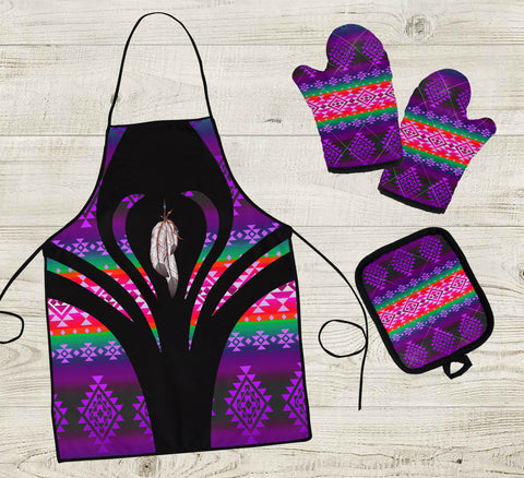 COMB016 Feather Pattern Native American Apron & Oven Mitts And Potholder Set