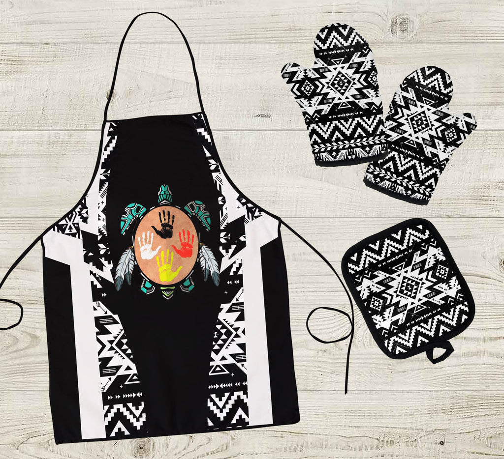 COMB017 Tribal Turtle Native American Apron & Oven Mitts And Potholder Set